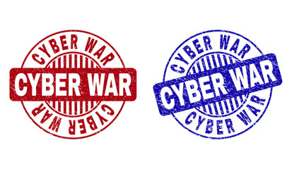 Grunge CYBER WAR round stamp seals isolated on a white background. Round seals with grunge texture in red and blue colors. Vector rubber overlay of CYBER WAR label inside circle form with stripes.