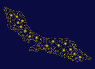 Bright yellow mesh Curacao Island map with glow effect. Wire carcass polygonal mesh in vector EPS10 format on a dark black background. Abstract 2d mesh created from polygonal grid, spheric points,