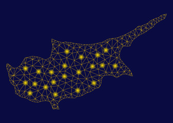 Bright yellow mesh Cyprus Island map with glow effect. Wire frame polygonal network in vector EPS10 format on a dark black background. Abstract 2d mesh designed with polygonal grid, small circle,