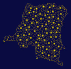 Bright yellow mesh Democratic Republic of the Congo map with lightspot effect. Wire carcass triangular mesh in vector EPS10 format on a dark black background.