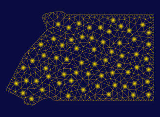 Bright yellow mesh Equatorial Guinea map with glow effect. Wire frame polygonal mesh in vector EPS10 format on a dark black background. Abstract 2d mesh designed with polygonal grid, small circle,