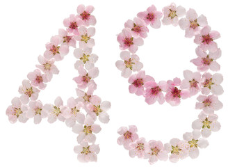 Numeral 49, forty nine, from natural pink flowers of peach tree, isolated on white background