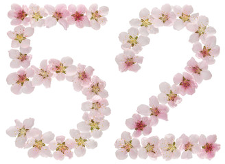 Numeral 52, fifty two, from natural pink flowers of peach tree, isolated on white background