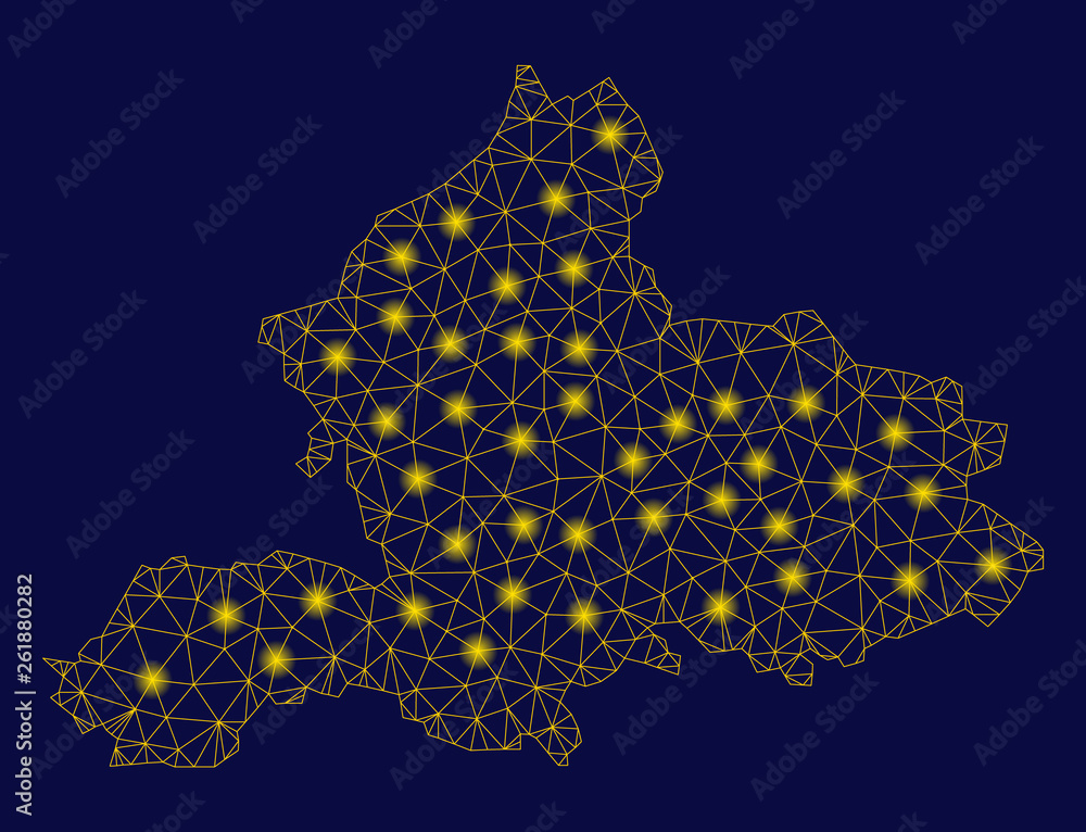 Poster bright yellow mesh gelderland province map with glare effect. wire carcass polygonal network in vect