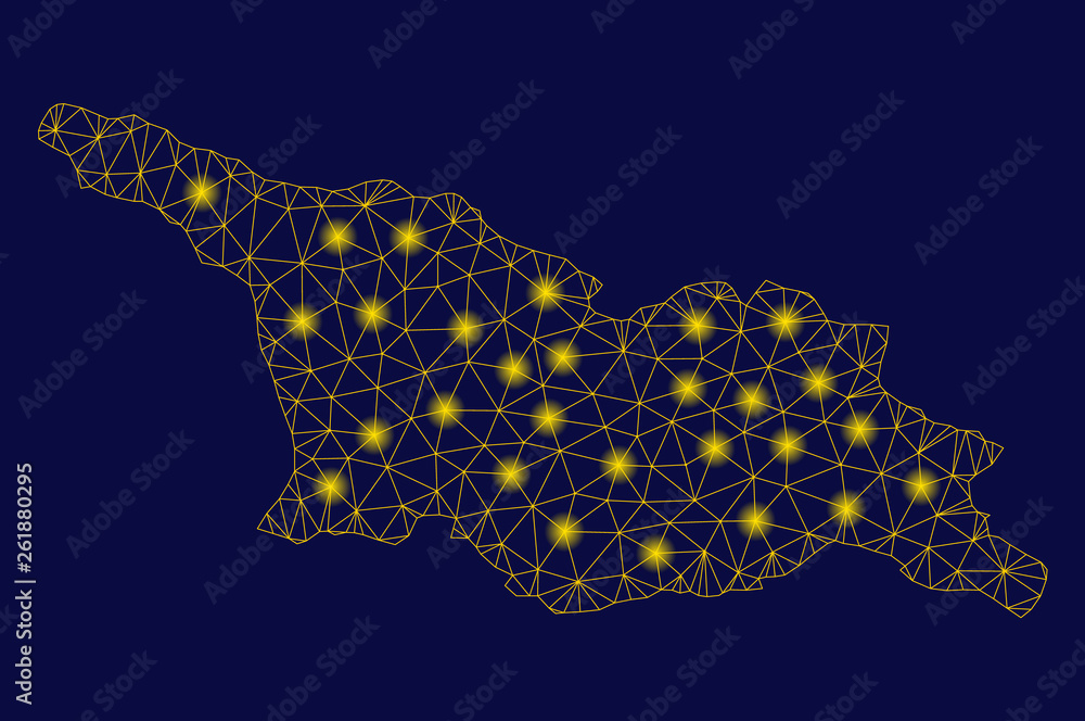 Poster bright yellow mesh georgia map with glare effect. wire carcass polygonal mesh in vector eps10 format