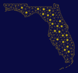 Bright yellow mesh Florida map with glare effect. Wire frame triangular mesh in vector EPS10 format on a dark black background. Abstract 2d mesh designed with triangles, round dots,