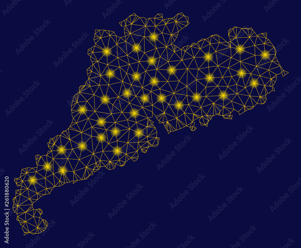Poster bright yellow mesh guangdong province map with glare effect. wire carcass polygonal network in vecto