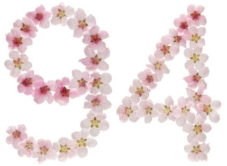 Numeral 94, ninety four, from natural pink flowers of peach tree, isolated on white background