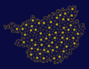 Bright yellow mesh Guangxi Zhuang Region map with glow effect. Wire carcass triangular mesh in vector EPS10 format on a dark black background. Abstract 2d mesh designed with triangles, spheric points,