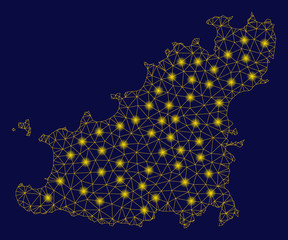 Bright yellow mesh Guernsey Island map with glow effect. Wire carcass triangular mesh in vector EPS10 format on a dark black background. Abstract 2d mesh designed with polygonal grid, dots,