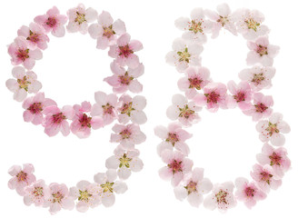Numeral 98, ninety eight, from natural pink flowers of peach tree, isolated on white background