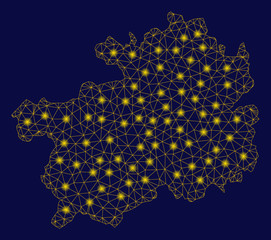Bright yellow mesh Guizhou Province map with glow effect. Wire frame polygonal network in vector EPS10 format on a dark black background. Abstract 2d mesh designed with polygonal grid, spheric points,