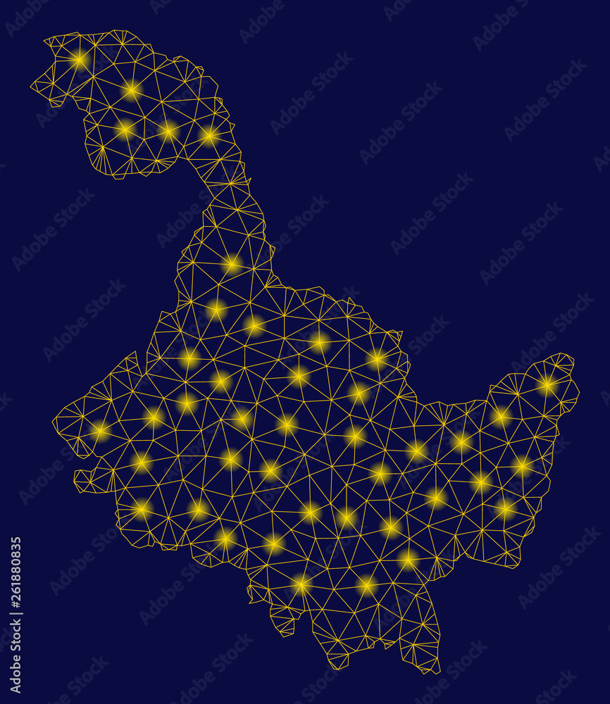 Poster bright yellow mesh heilongjiang province map with glare effect. wire carcass polygonal mesh in vecto
