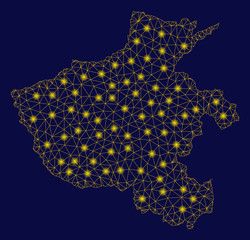 Bright yellow mesh Henan Province map with glare effect. Wire frame triangular mesh in vector EPS10 format on a dark black background. Abstract 2d mesh designed with triangles, dots,