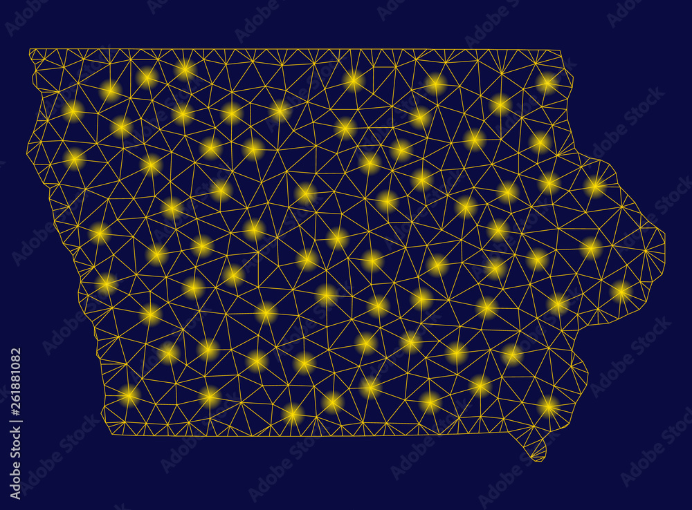 Poster bright yellow mesh iowa state map with glare effect. wire carcass polygonal mesh in vector eps10 for