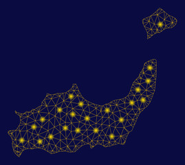 Bright yellow mesh Inagua Islands map with lightspot effect. Wire carcass triangular mesh in vector EPS10 format on a dark black background. Abstract 2d mesh designed with triangular lines, dots,