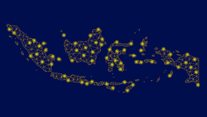 Bright yellow mesh Indonesia map with lightspot effect. Wire carcass polygonal mesh in vector EPS10 format on a dark black background. Abstract 2d mesh designed with polygonal grid, round dots,