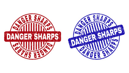 Grunge DANGER SHARPS round stamp seals isolated on a white background. Round seals with grunge texture in red and blue colors.