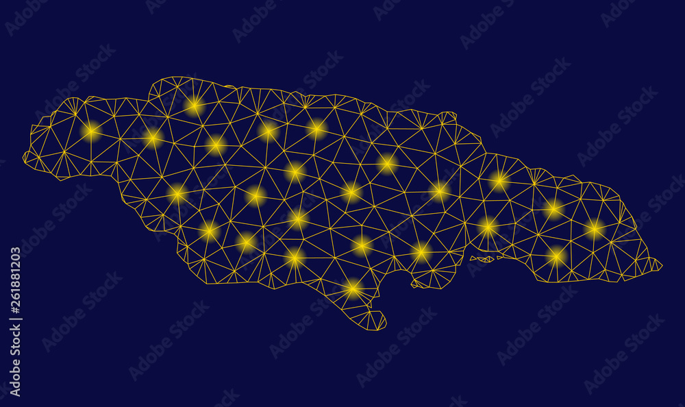 Poster bright yellow mesh jamaica map with glow effect. wire carcass polygonal mesh in vector eps10 format 