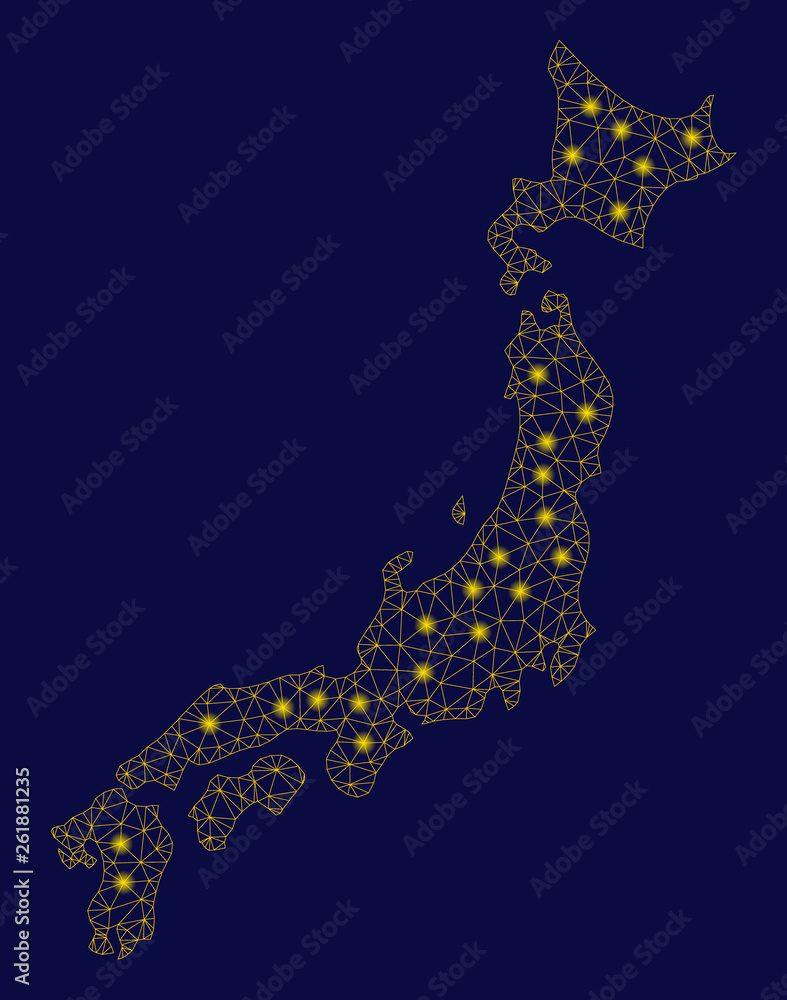 Aufkleber bright yellow mesh japan map with glare effect. wire carcass polygonal mesh in vector eps10 format o