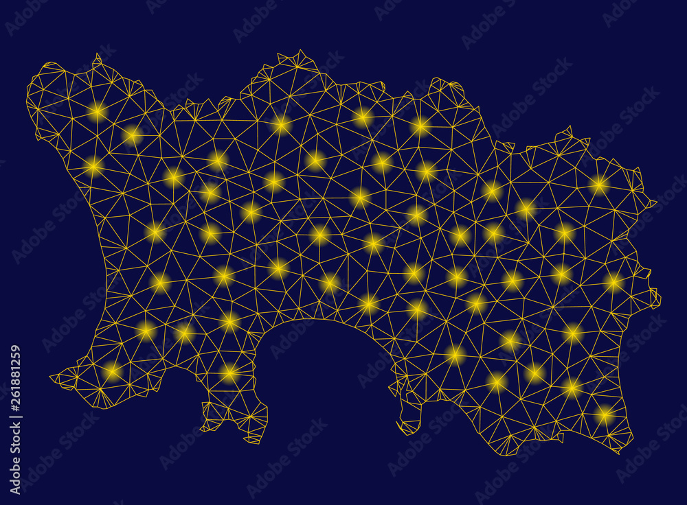 Poster bright yellow mesh jersey island map with glow effect. wire carcass polygonal mesh in vector eps10 f