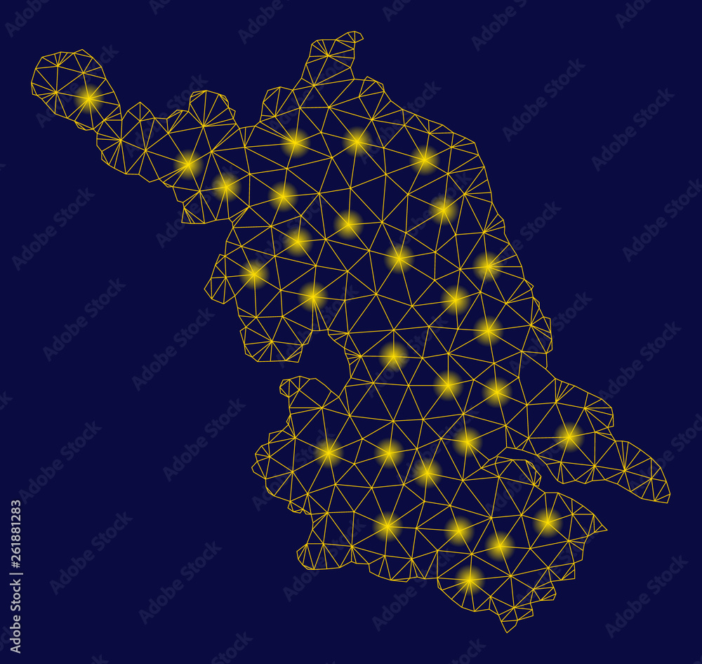 Poster bright yellow mesh jiangsu province map with glow effect. wire carcass polygonal mesh in vector eps1