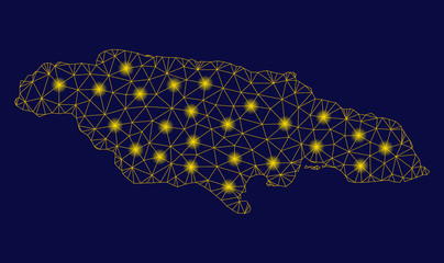 Bright yellow mesh Jamaica map with glow effect. Wire carcass polygonal mesh in vector EPS10 format on a dark black background. Abstract 2d mesh designed with polygonal grid, spheric points,