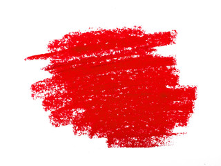 Red crayon scribble texture. Abstract crayon on white background. Wax pastel spot. It is a hand drawn, red abstract crayon background.