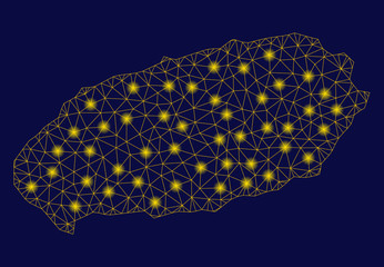 Bright yellow mesh Jeju Island map with glare effect. Wire frame polygonal mesh in vector EPS10 format on a dark black background. Abstract 2d mesh created from triangular lines, round dots,
