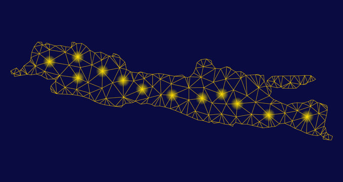 Bright yellow mesh Java Island map with glare effect. Wire frame polygonal network in vector EPS10 format on a dark black background. Abstract 2d mesh created from polygonal grid, dots,