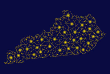 Bright yellow mesh Kentucky State map with glare effect. Wire frame triangular mesh in vector EPS10 format on a dark black background. Abstract 2d mesh designed with triangular lines, dots,