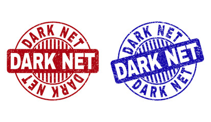 Grunge DARK NET round stamp seals isolated on a white background. Round seals with grunge texture in red and blue colors. Vector rubber overlay of DARK NET caption inside circle form with stripes.