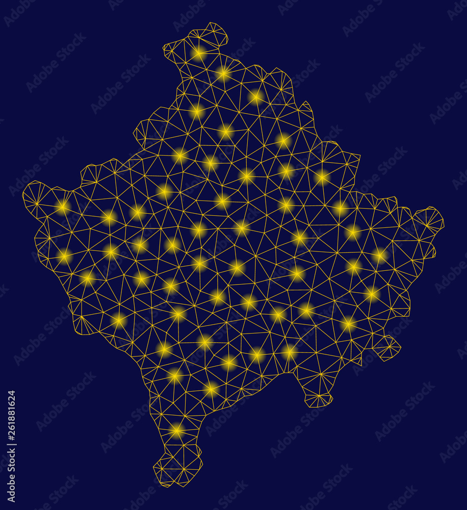 Poster bright yellow mesh kosovo map with glow effect. wire carcass polygonal mesh in vector eps10 format o