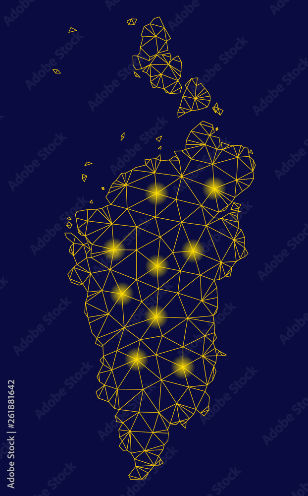 Poster bright yellow mesh krasnoyarskiy kray map with glare effect. wire frame triangular mesh in vector ep