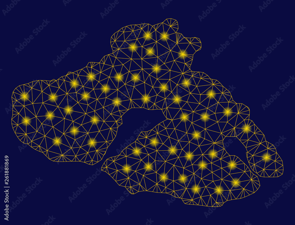 Poster bright yellow mesh lesbos island map with glare effect. wire carcass polygonal network in vector eps