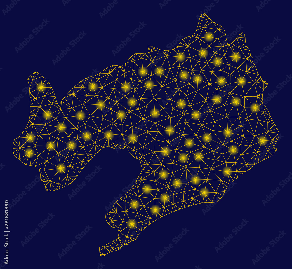 Poster bright yellow mesh liaoning province map with glare effect. wire carcass polygonal mesh in vector ep