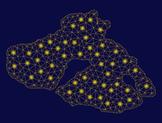 Bright yellow mesh Lesbos Island map with glare effect. Wire carcass polygonal network in vector EPS10 format on a dark black background. Abstract 2d mesh designed with polygonal grid, dots,