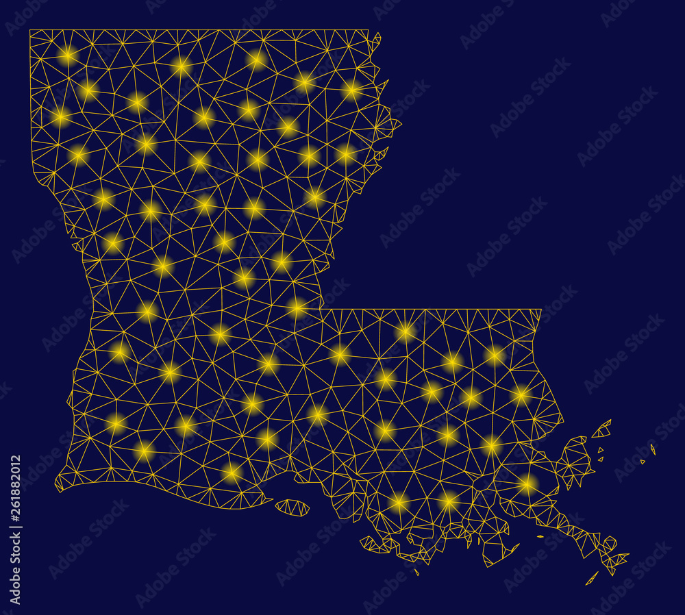 Poster bright yellow mesh louisiana state map with glow effect. wire frame polygonal network in vector eps1