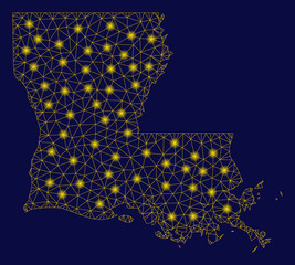 Bright yellow mesh Louisiana State map with glow effect. Wire frame polygonal network in vector EPS10 format on a dark black background. Abstract 2d mesh designed with polygonal grid, round dots,