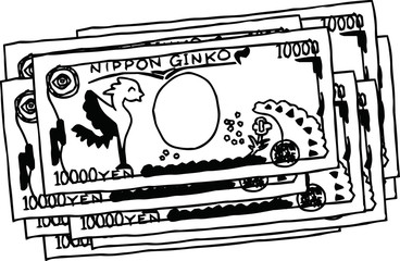 Backside Bunch of Cute hand-painted Japanese 10000 yen note outline