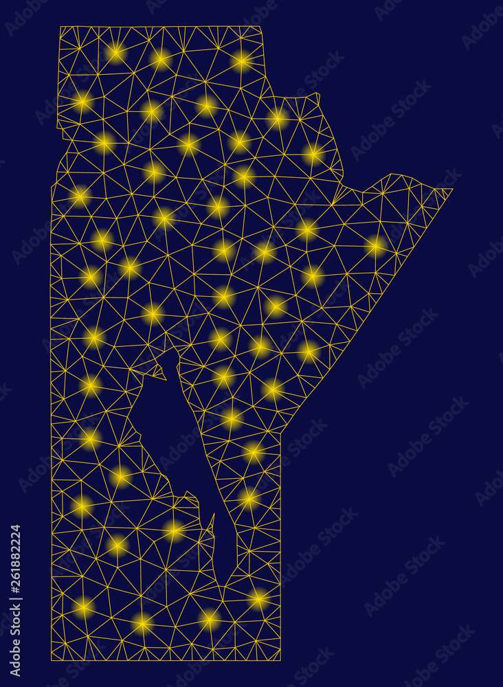 Poster bright yellow mesh manitoba province map with glare effect. wire carcass polygonal mesh in vector ep