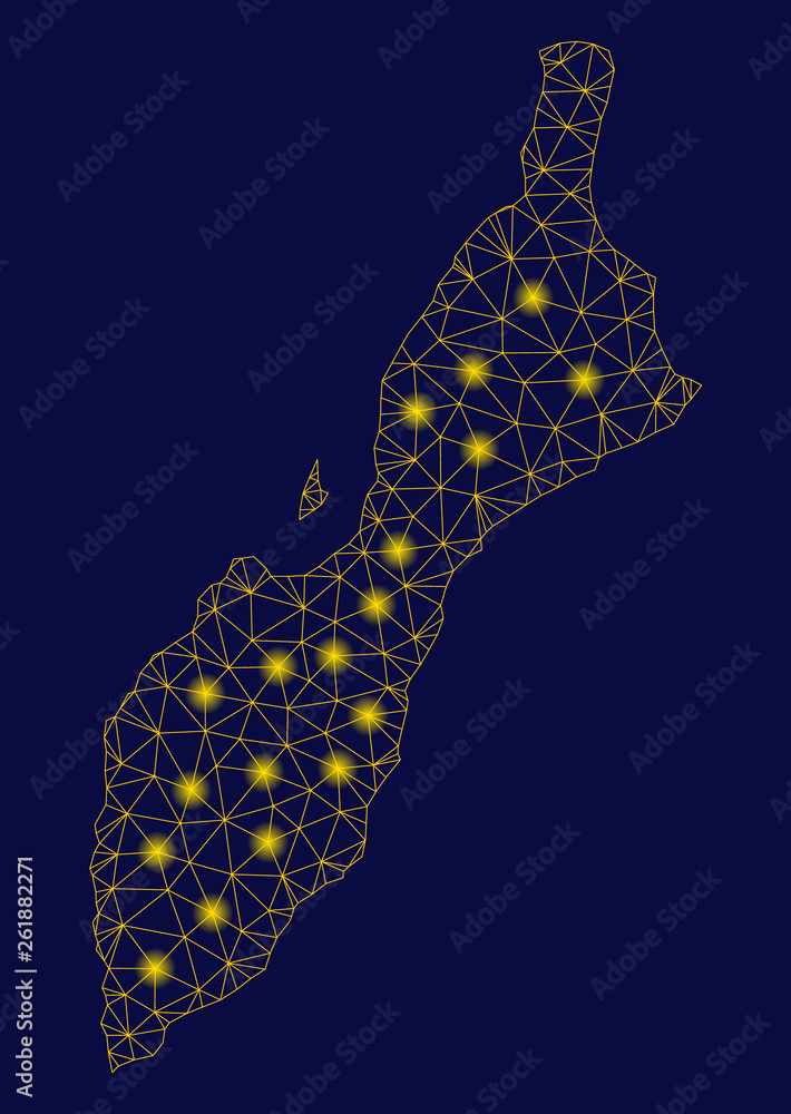 Poster bright yellow mesh masirah island map with lightspot effect. wire frame polygonal mesh in vector eps
