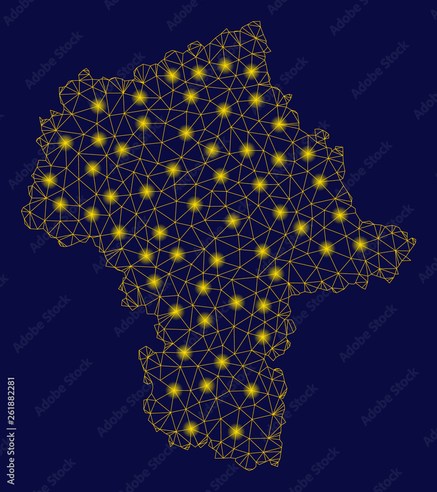 Poster bright yellow mesh masovian voivodeship map with lightspot effect. wire frame polygonal mesh in vect