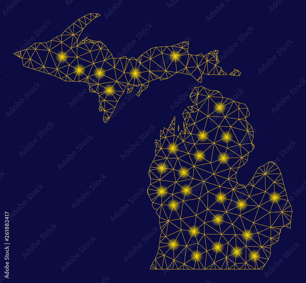 Poster bright yellow mesh michigan state map with glow effect. wire carcass polygonal mesh in vector eps10 