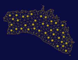 Bright yellow mesh Menorca Island map with glare effect. Wire frame triangular mesh in vector EPS10 format on a dark black background. Abstract 2d mesh created from triangular lines, points,