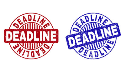 Grunge DEADLINE round watermarks isolated on a white background. Round seals with grunge texture in red and blue colors. Vector rubber imitation of DEADLINE caption inside circle form with stripes.