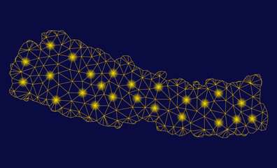 Bright yellow mesh Nepal map with glow effect. Wire frame polygonal mesh in vector EPS10 format on a dark black background. Abstract 2d mesh designed with polygonal grid, dots,