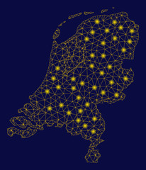 Bright yellow mesh Netherlands map with lightspot effect. Wire frame polygonal mesh in vector EPS10 format on a dark black background. Abstract 2d mesh designed with triangles, small circle,