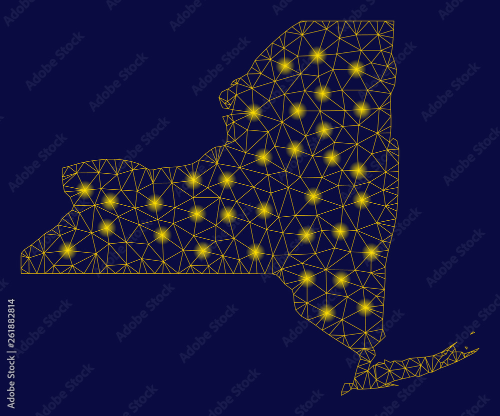 Poster bright yellow mesh new york state map with glare effect. wire carcass polygonal mesh in vector eps10