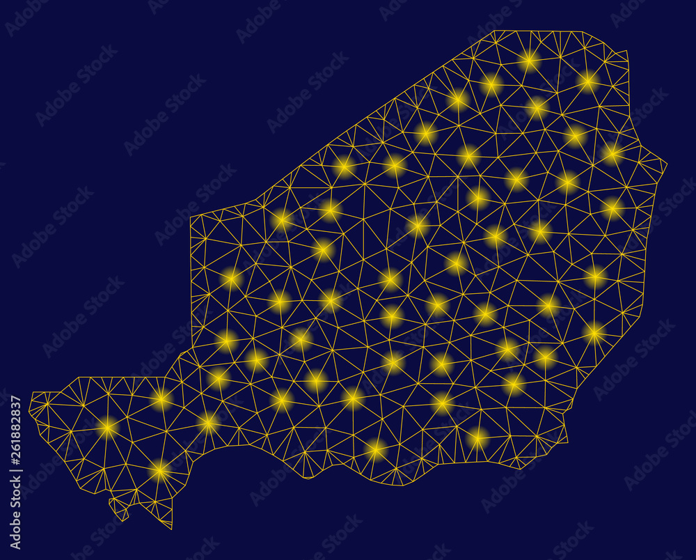 Poster bright yellow mesh niger map with glow effect. wire carcass polygonal mesh in vector eps10 format on